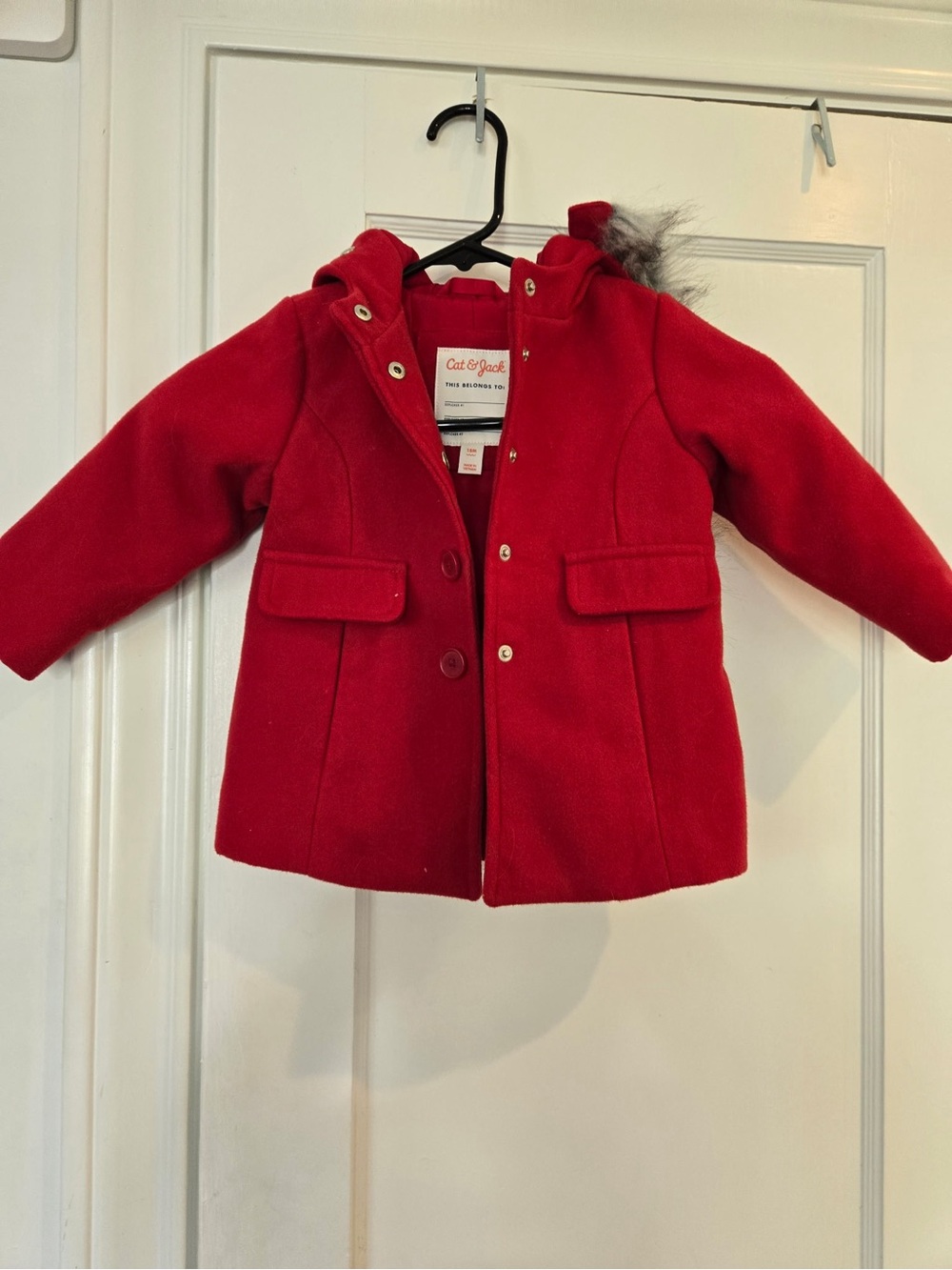 Cat & Jack Bright Red Girls' Hooded Pea Coat with Faux Fur Trim